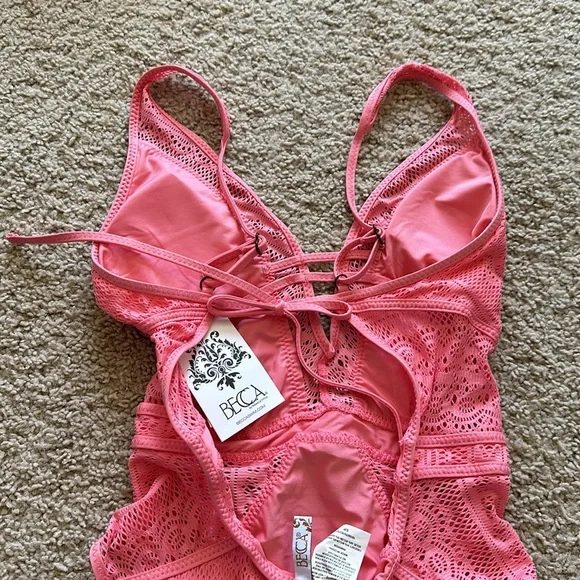 Becca Swim Coral Pink Cut Out Lace One Piece Swimsuit - Small - Picture 8 of 9
